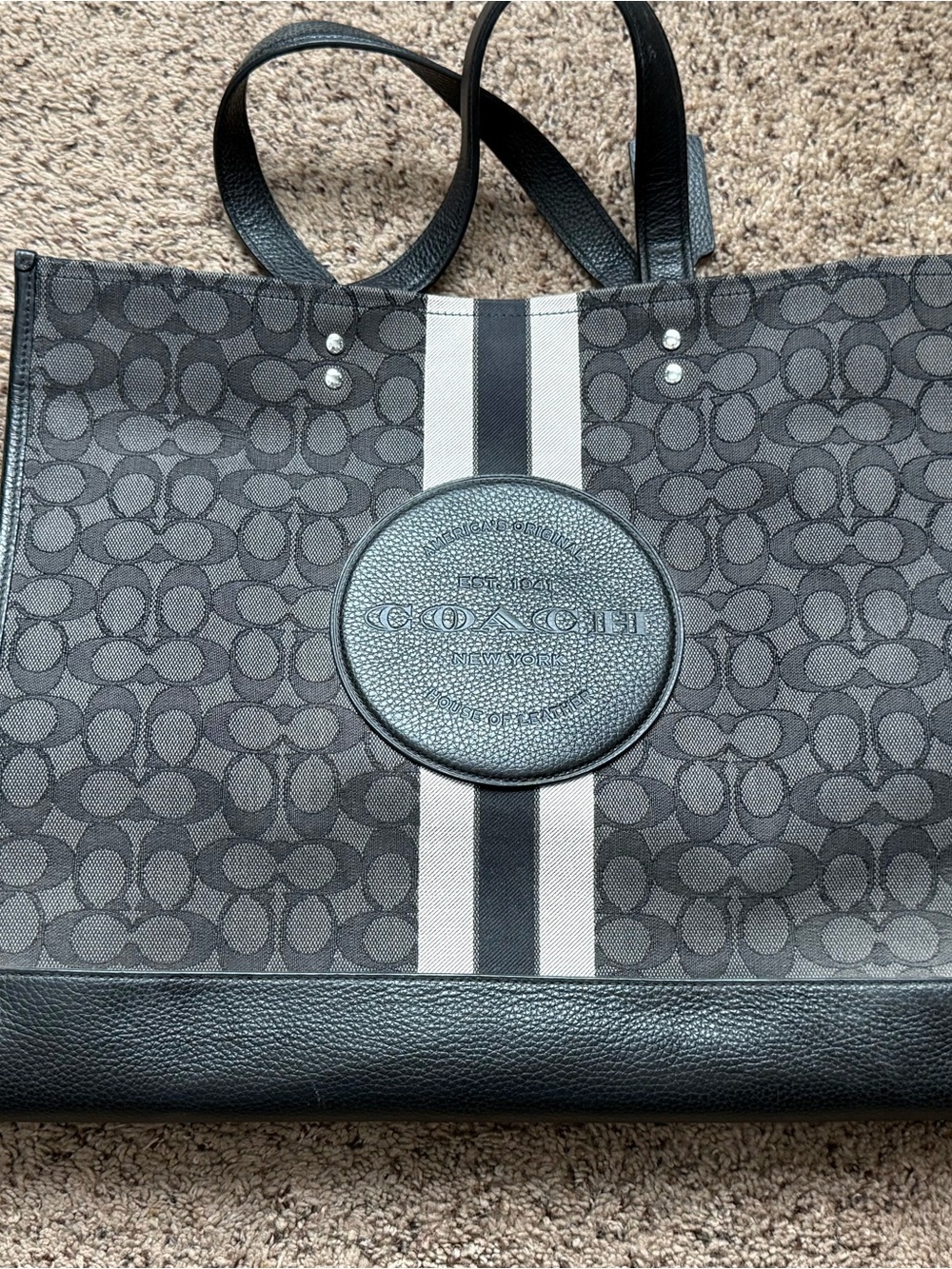 Coach Women’s Black and Gray Signature Stripe Tote Bag